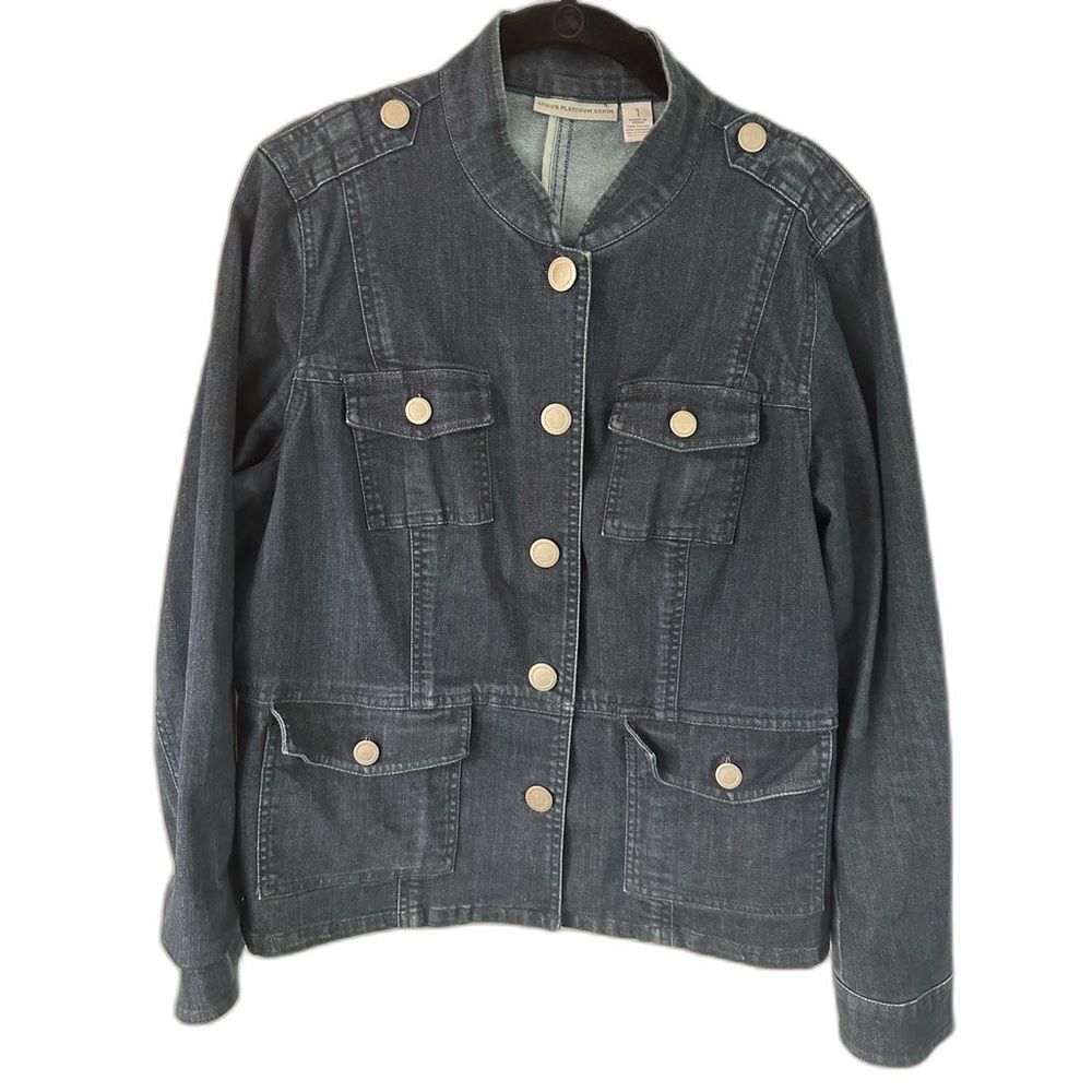 Chico’s Platinum Dark Wash Stretch Denim Jean Jacket Women's 1 (8/M),